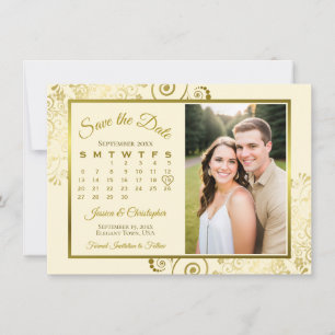 Elegante gouden & crèmekleurige kalender & foto br save the date