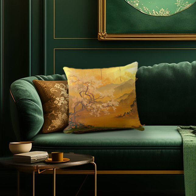 Elegante 'Gouden Dageraad' Ancient Asia geïnspiree Kussen (Stylish Edo-Japan Era Cherry Blossom Decorative Asian Throw Pillow)