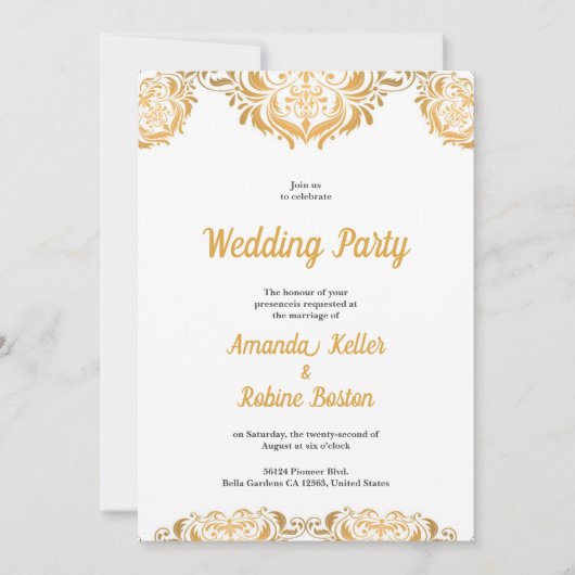 Elegante gouden damast bruiloft uitnodiging (Voorkant)