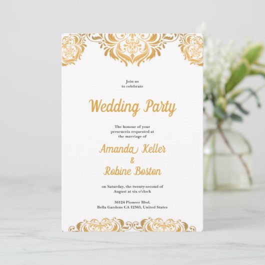 Elegante gouden damast bruiloft uitnodiging (Staand voorkant)