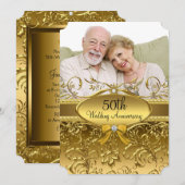 Elegante Gouden Damast Foto 50ste Verjaardag Kaart (Voorkant / Achterkant)