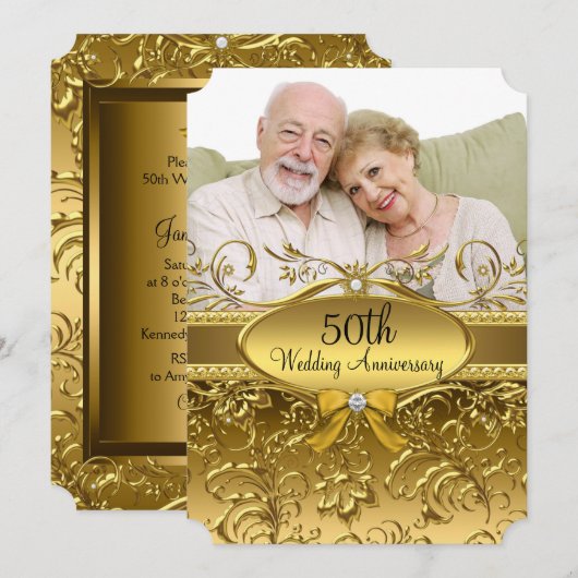 Elegante Gouden Damast Foto 50ste Verjaardag Kaart (Voorkant / Achterkant)