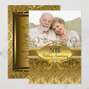 Elegante gouden damast foto 50ste verjaardag uitno kaart