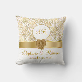 Elegante gouden damast monogram huwelijkscadeau kussen