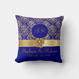 Elegante Gouden Damast Op Marineblauw Monogram Kussen
