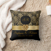 Elegante Gouden Damast op Zwarte Monogram Kussen (Deken)