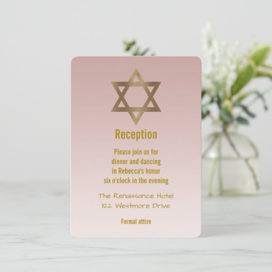 Elegante Gouden Davidster Bat Mitzvah-receptie Kaart (Staand voorkant)