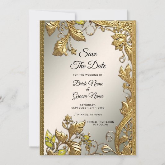 Elegante gouden decoratieve bloem Save the Date (Voorkant)