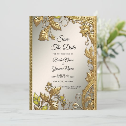 Elegante gouden decoratieve bloem Save the Date (Staand voorkant)