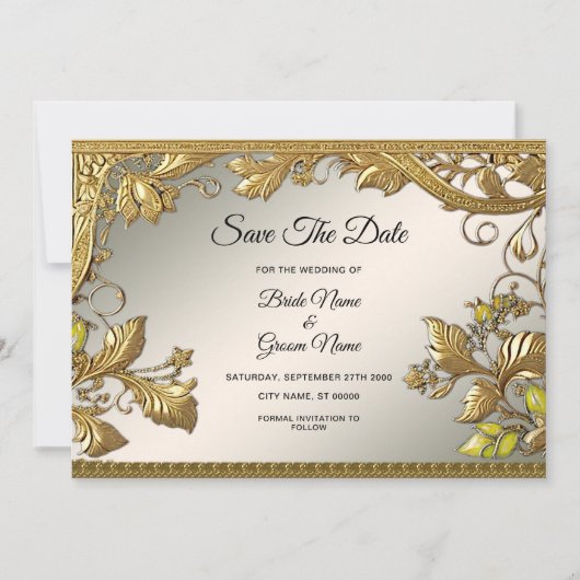 Elegante gouden decoratieve bloem Save the Date (Voorkant)