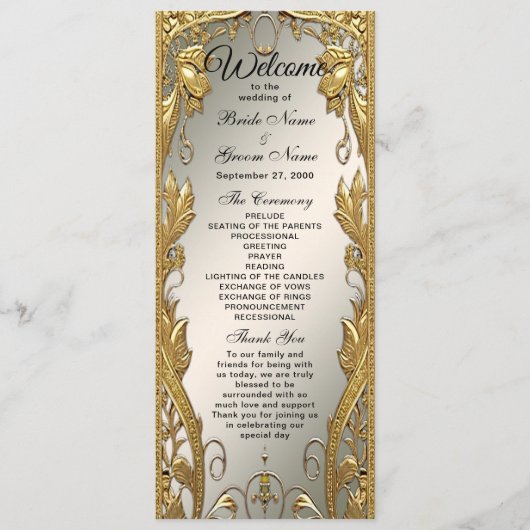 Elegante gouden decoratieve bloemenbruiloft progra programmakaart (Voorkant)