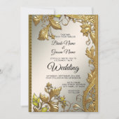 Elegante gouden decoratieve bloemenbruiloft uitnod kaart (Voorkant)