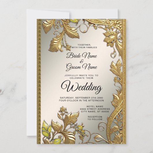 Elegante gouden decoratieve bloemenbruiloft uitnod kaart (Voorkant)