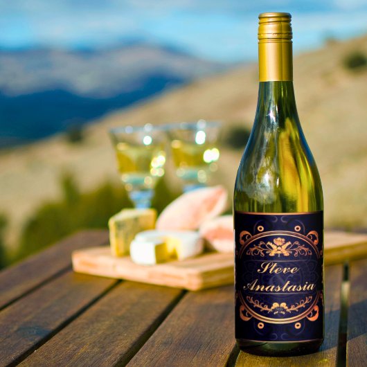 Elegante gouden Demask Monogrammed Royal Blue Wijn Etiket