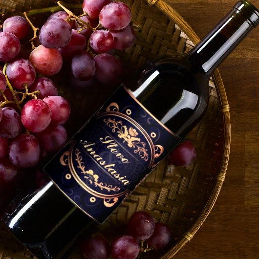 Elegante gouden Demask Monogrammed Royal Blue Wijn Etiket