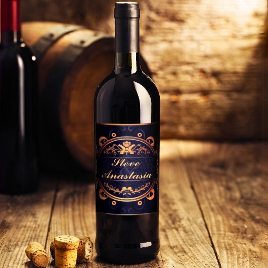 Elegante gouden Demask Monogrammed Royal Blue Wijn Etiket