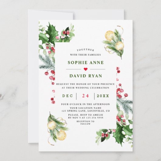 Elegante gouden dennen bessen kerst bruiloft kaart (Voorkant)