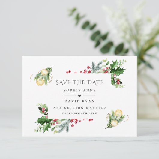 Elegante gouden dennen bessen kerstballen bruiloft save the date (Staand voorkant)