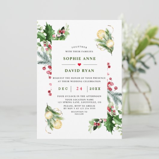 Elegante Gouden Dennenbes Kerst Huwelijk Kaart (Staand voorkant)