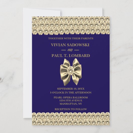 Elegante gouden diamant marine blauwe bruiloft kaart (Voorkant)