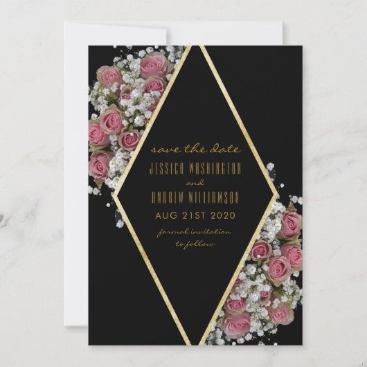Elegante gouden diamant & rozenboeket save the dat date (Voorkant)