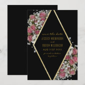 Elegante gouden diamant & rozenboeket save the dat date (Voorkant / Achterkant)