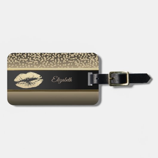 Elegante Gouden Diamanten Glitter Lippen Persoonli Bagagelabel (Voorkant horizontaal)