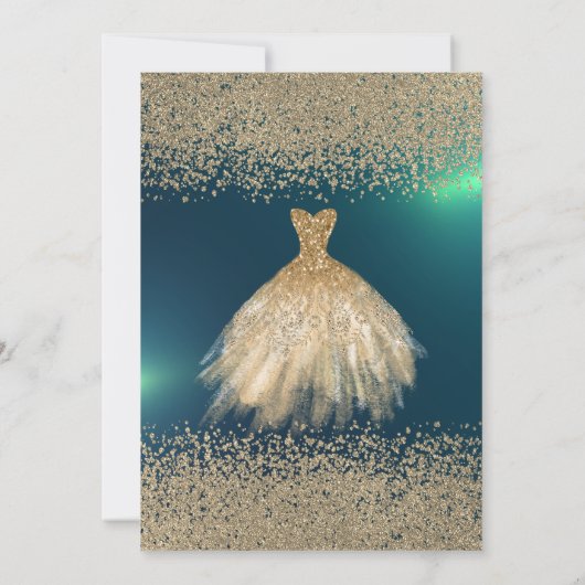 Elegante gouden diamanten jurk groene bruiloft kaart (Achterkant)