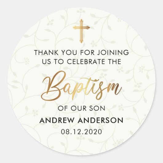 Elegante gouden doop dank u ronde sticker (Voorkant)