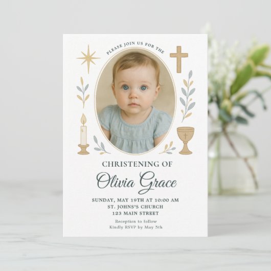 Elegante Gouden Doop Uitnodiging voor Meisje (Staand voorkant)