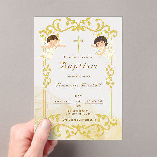 Elegante gouden doopuitnodiging met engelen & krui acryl uitnodigingen