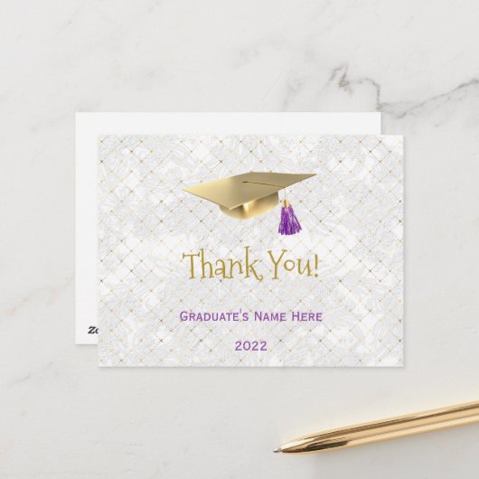 Elegante gouden dop paarse afstudeer Thank You  Briefkaart (Voorkant / Achterkant in situ)