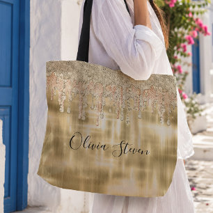 Elegante gouden druipende glitter monogram tote bag