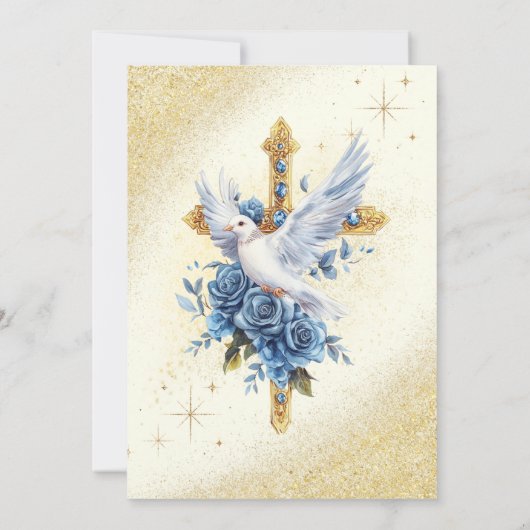 Elegante Gouden Duif Blauwe Rozen Doop  Kaart (Achterkant)