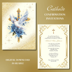 Elegante Gouden Duif Blauwe Rozen Doop  Kaart