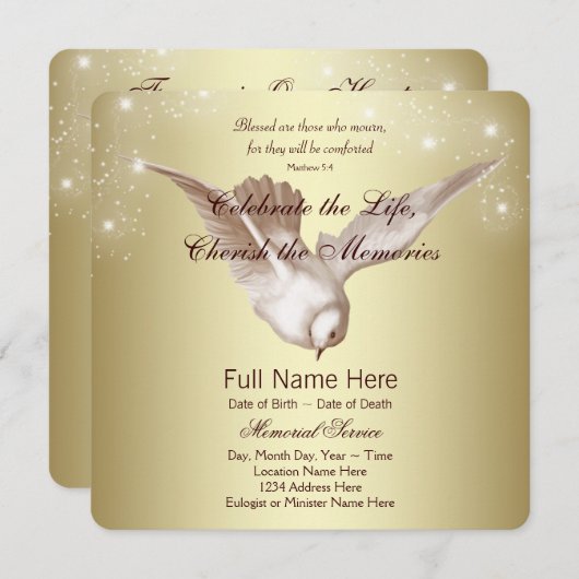 Elegante gouden duif in liefdevolle herinnering aankondiging (Voorkant / Achterkant)