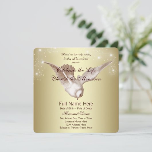 Elegante gouden duif in liefdevolle herinnering aankondiging (Staand voorkant)