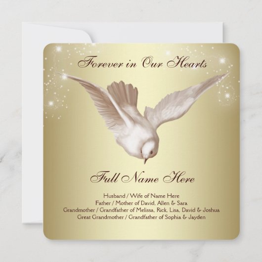 Elegante gouden duif in liefdevolle herinnering aankondiging (Achterkant)
