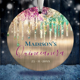 Elegante gouden eenhoorn Glitter Drips Quinceanera Keramisch Ornament