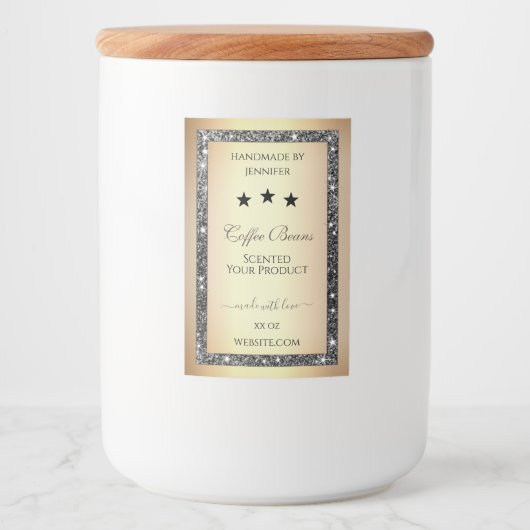 Elegante gouden effect zilveren glitter producteti voedselcontainer etiket (Voorkant)