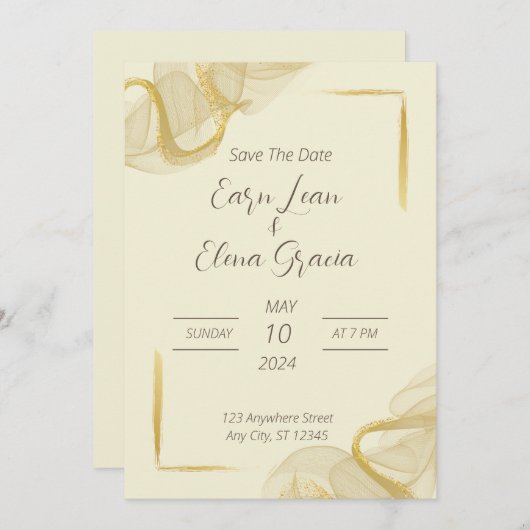 Elegante gouden en beige bruiloft uitnodiging (Voorkant / Achterkant)