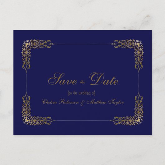 Elegante gouden en blauwe kant Save the Date-ansic Aankondigingskaart (Voorkant)