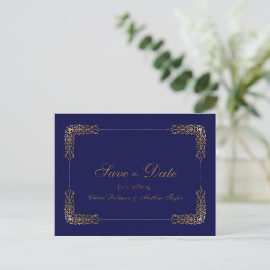 Elegante gouden en blauwe kant Save the Date-ansic Aankondigingskaart (Staand voorkant)