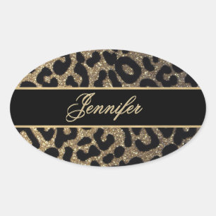 Elegante gouden en blauwe luipaard print ovale sticker