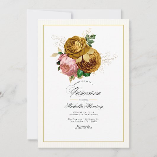 Elegante gouden en blozende bloemen Quinceañera fo Kaart (Voorkant)