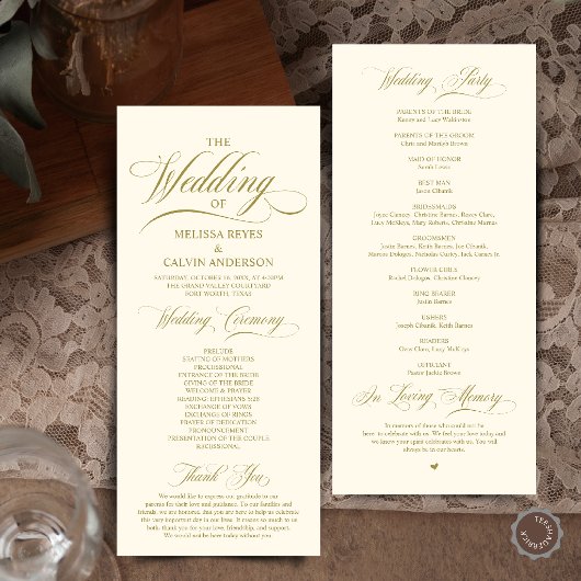 Elegante gouden en crèmekleurige script bruiloftsc programmakaart