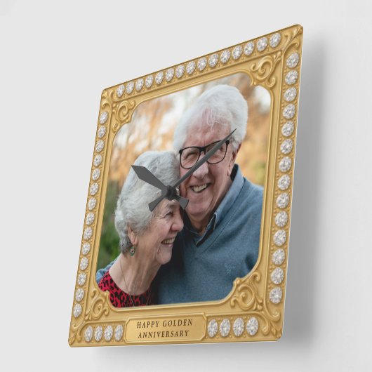 Elegante gouden en diamanten 50ste verjaardag foto vierkante klok (Hoek)