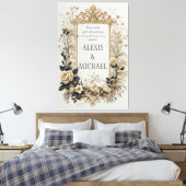 Elegante Gouden en Grijze Bloemen Canvas Afdruk (Insitu (Slaapkamer))