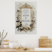 Elegante Gouden en Grijze Bloemen Poster (Keuken)