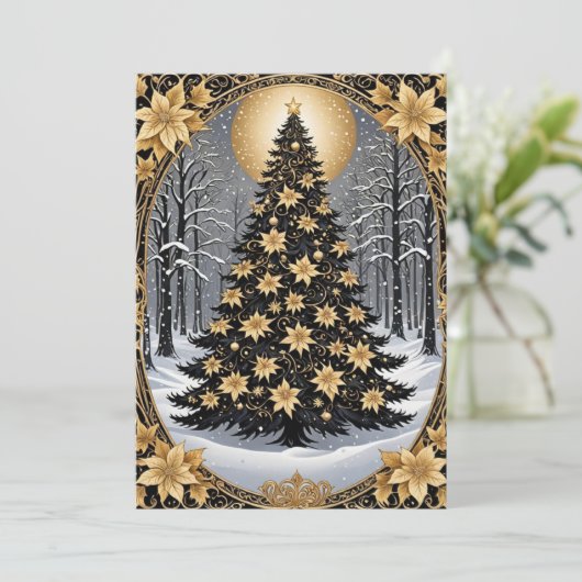 Elegante gouden en groene kerstboom uitnodiging (Staand voorkant)